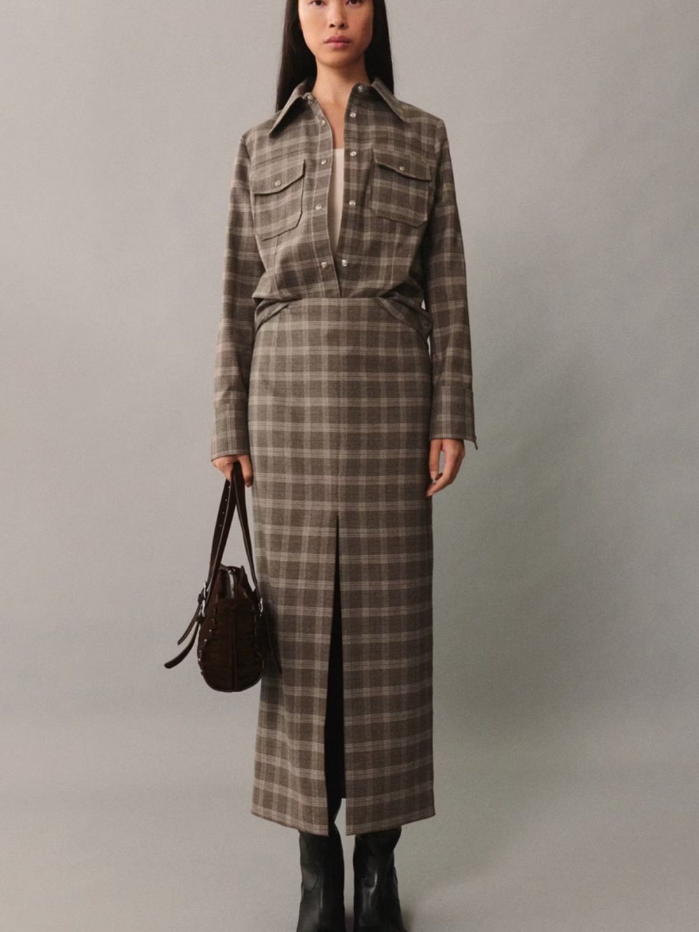 Mango Plaid Button-Front  midi Skirt Taupe /Beige size 2 NWT
